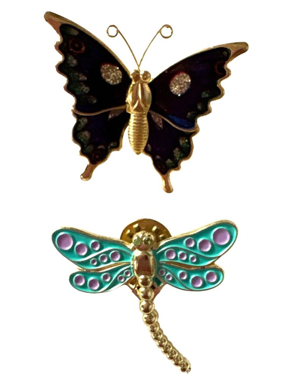 Butterfly & Dragonfly Enamel Pins Gold Accents Colorful Insect-Themed Brooch Set